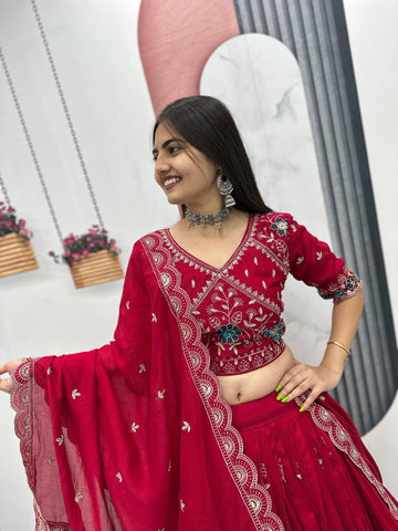 Heavy Embroidered Pure Blooming Vichitra Silk Lehenga Choli Set