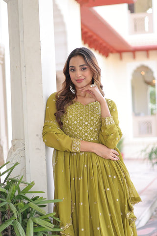 Elegant Sequins & Zari Embroidered Gown with Dupatta