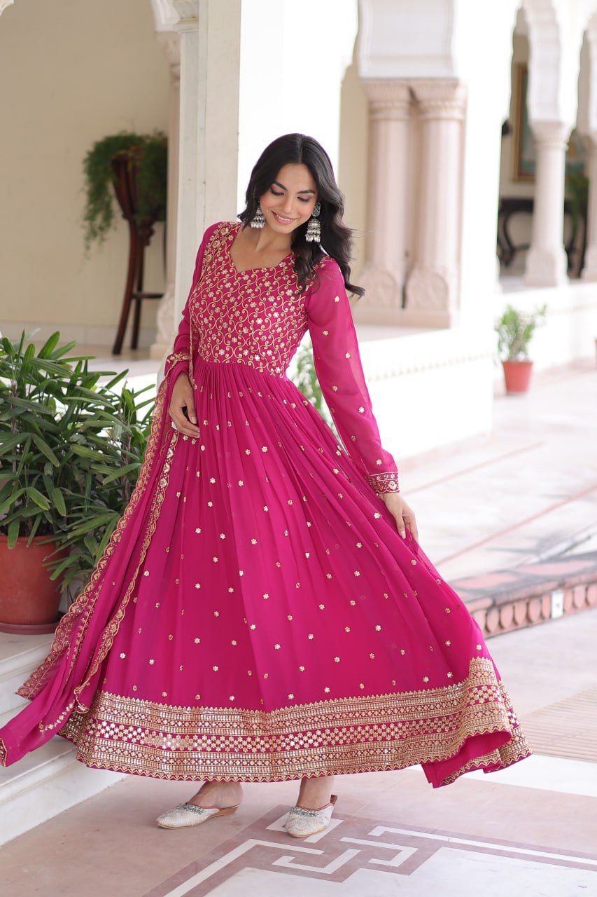 Elegant Sequins & Zari Embroidered Gown with Dupatta