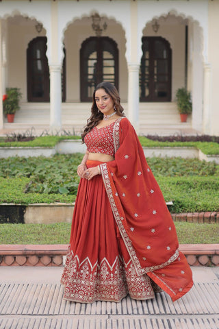 Rust Orange Embroidered Vichitra Silk Lehenga Choli with Dupatta