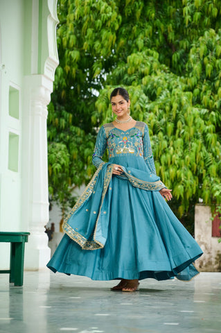 Vichitra Silk Gown with Rich Sequins, Multi-Thread & Zari Embroidery