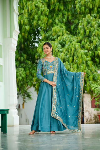 Vichitra Silk Gown with Rich Sequins, Multi-Thread & Zari Embroidery