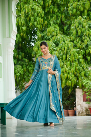 Vichitra Silk Gown with Rich Sequins, Multi-Thread & Zari Embroidery