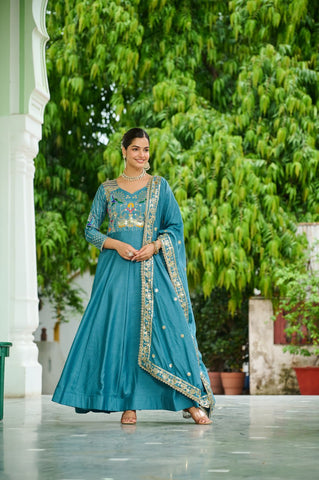 Vichitra Silk Gown with Rich Sequins, Multi-Thread & Zari Embroidery