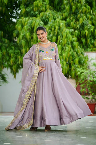 Vichitra Silk Gown with Rich Sequins, Multi-Thread & Zari Embroidery