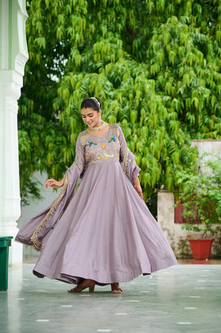 Vichitra Silk Gown with Rich Sequins, Multi-Thread & Zari Embroidery