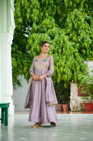 Vichitra Silk Gown with Rich Sequins, Multi-Thread & Zari Embroidery