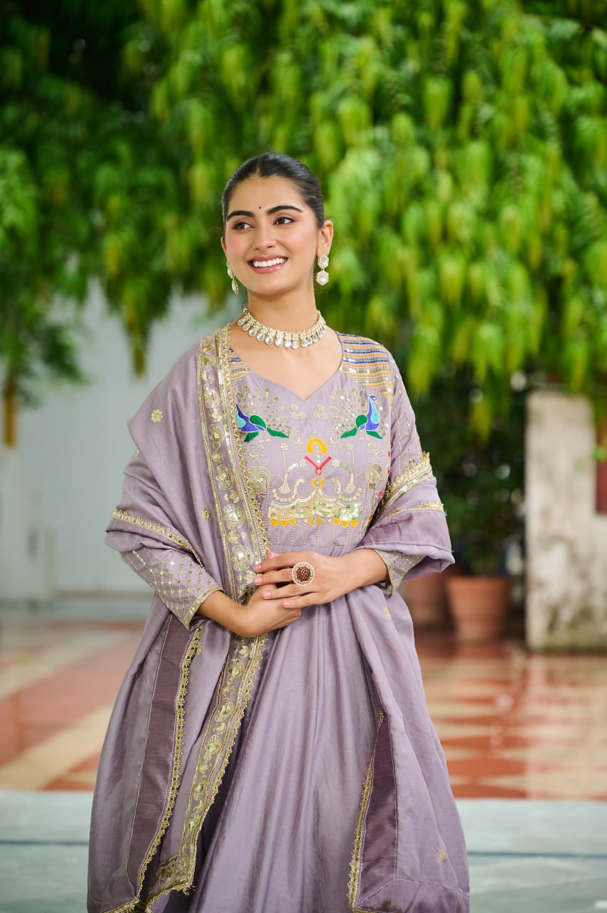 Vichitra Silk Gown with Rich Sequins, Multi-Thread & Zari Embroidery