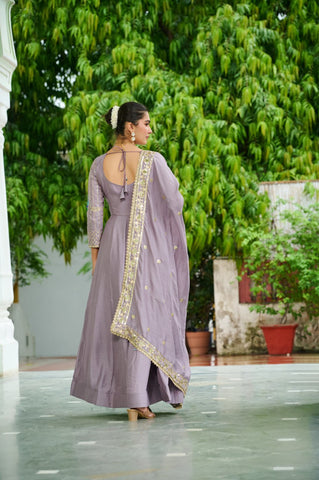 Vichitra Silk Gown with Rich Sequins, Multi-Thread & Zari Embroidery