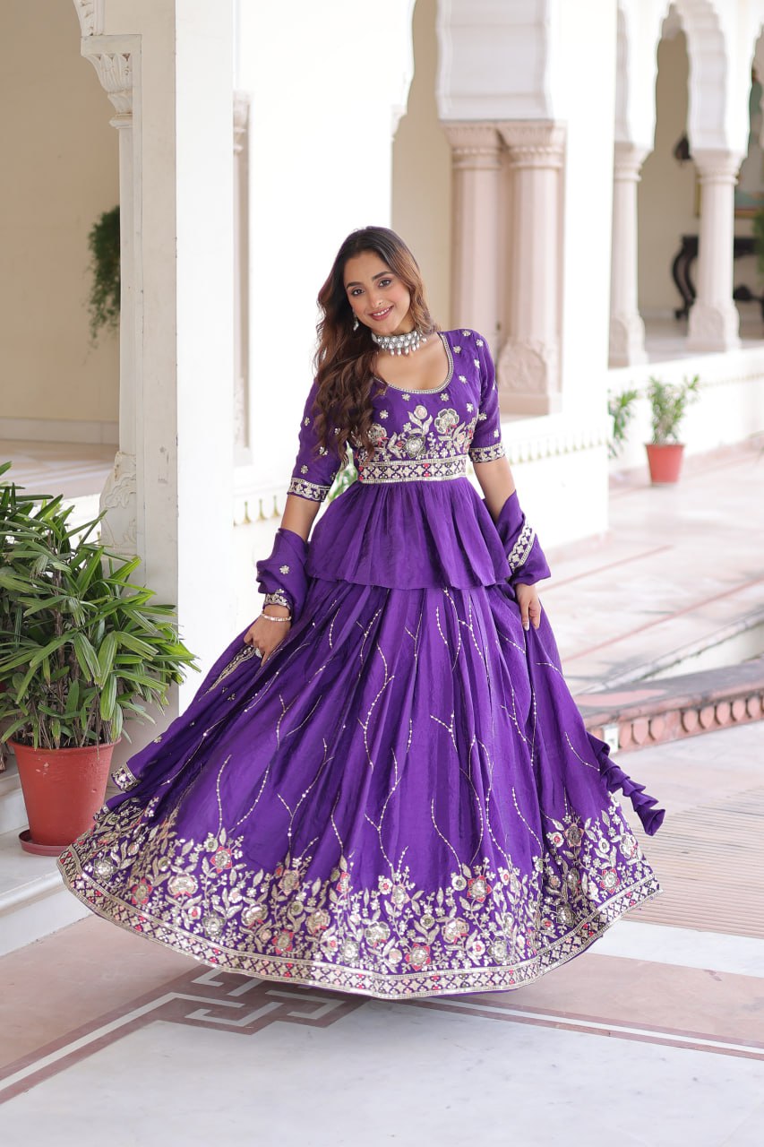 Designer Purple Embroidered Lehenga Choli Set with Dupatta For Women