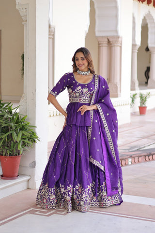 Designer Purple Embroidered Lehenga Choli Set with Dupatta For Women