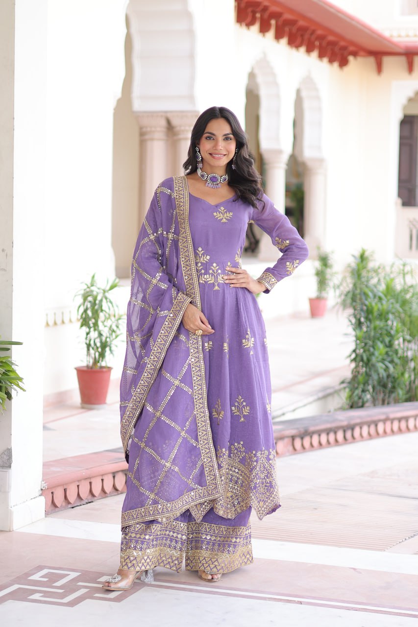 Premium Lavender Silver Crunchy Embroidered Gown Set with Dupatta