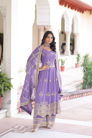 Premium Lavender Silver Crunchy Embroidered Gown Set with Dupatta
