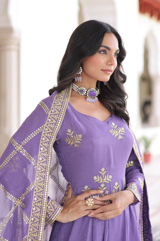 Premium Lavender Silver Crunchy Embroidered Gown Set with Dupatta