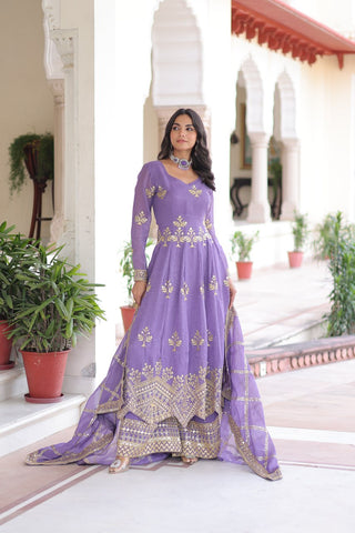 Premium Lavender Silver Crunchy Embroidered Gown Set with Dupatta