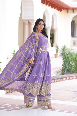 Premium Lavender Silver Crunchy Embroidered Gown Set with Dupatta