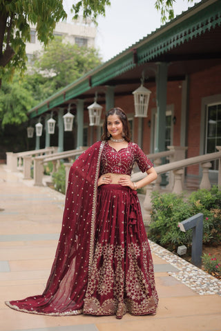 Maroon Rangoli Silk Heavy Sequins And Thread Embroidered Work Wedding Special Lehenga