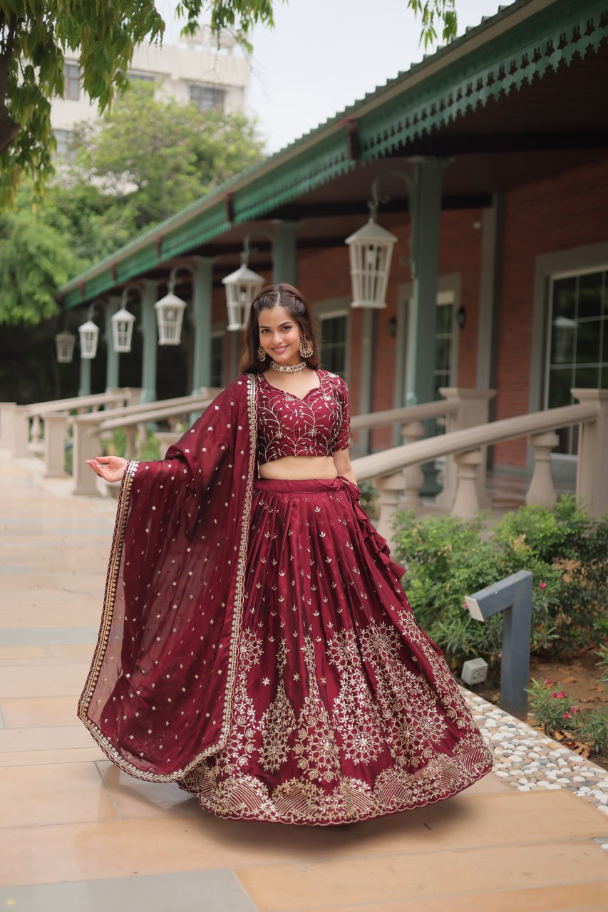 Maroon Rangoli Silk Heavy Sequins And Thread Embroidered Work Wedding Special Lehenga