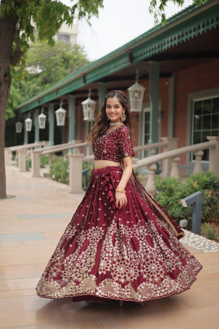 Maroon Rangoli Silk Heavy Sequins And Thread Embroidered Work Wedding Special Lehenga