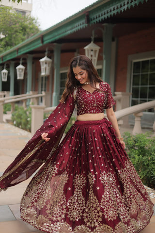 Maroon Rangoli Silk Heavy Sequins And Thread Embroidered Work Wedding Special Lehenga