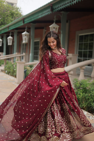 Maroon Rangoli Silk Heavy Sequins And Thread Embroidered Work Wedding Special Lehenga