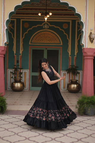 Exclusive Designer Printed Rayon Fabric Attached In Frill And Neck Gown - Stunning Navratri Collection