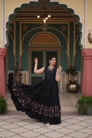 Exclusive Designer Printed Rayon Fabric Attached In Frill And Neck Gown - Stunning Navratri Collection