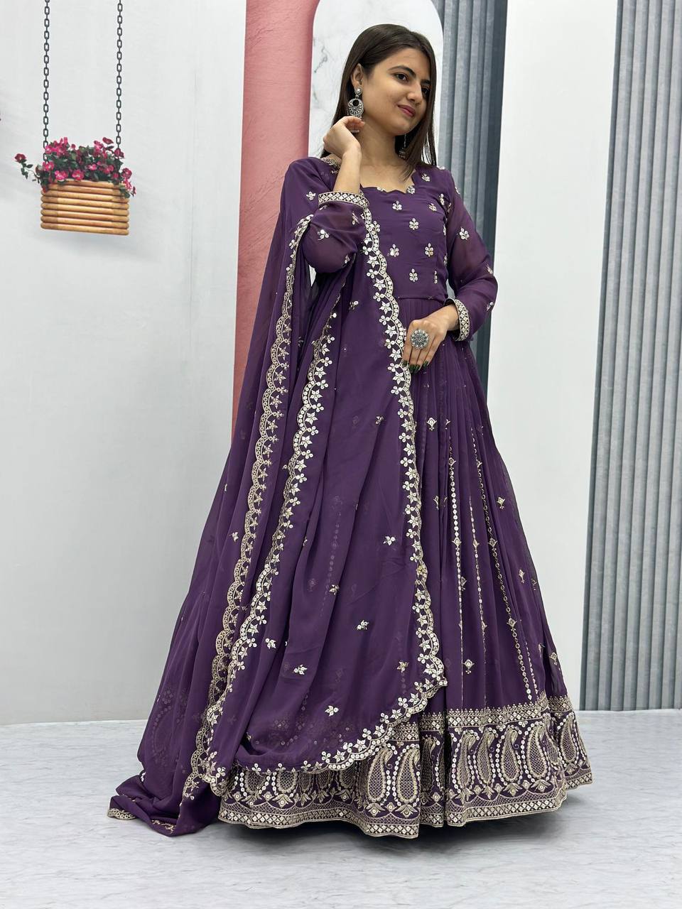 New Faux Georgette Party wear Gown & Dupatta Set