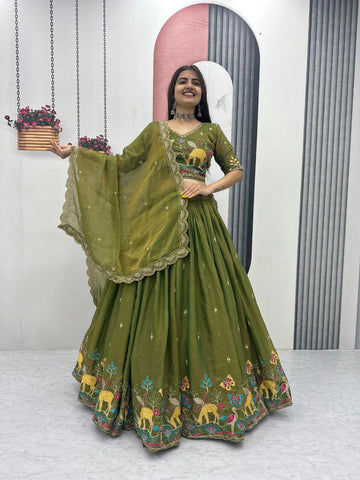 Festive Moss Shimmer Embroidered Lehenga Choli Set with Dupatta