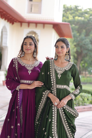 Stunning Vichitra Silk Sequins Embroidered Gown with Designer Dupatta