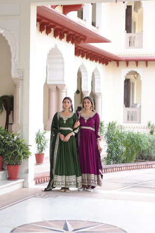 Stunning Vichitra Silk Sequins Embroidered Gown with Designer Dupatta