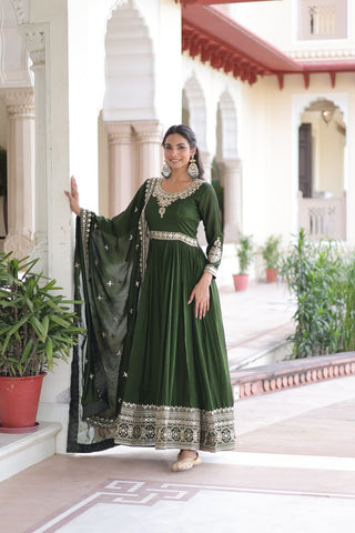 Stunning Vichitra Silk Sequins Embroidered Gown with Designer Dupatta