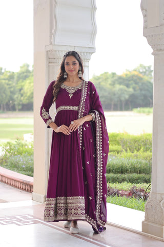 Stunning Vichitra Silk Sequins Embroidered Gown with Designer Dupatta