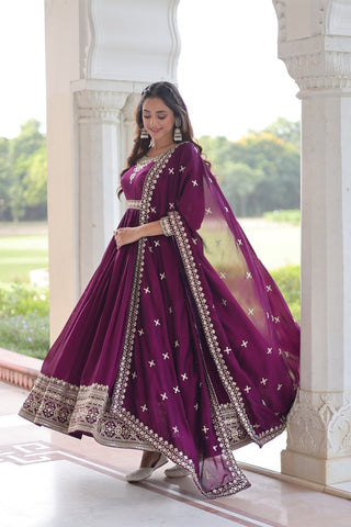 Stunning Vichitra Silk Sequins Embroidered Gown with Designer Dupatta