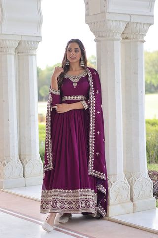 Stunning Vichitra Silk Sequins Embroidered Gown with Designer Dupatta