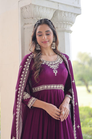 Stunning Vichitra Silk Sequins Embroidered Gown with Designer Dupatta