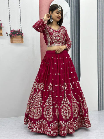 Heavy Sequence & Thread Work Rani Pink Georgette Ready to Wear Lehenga Choli Set