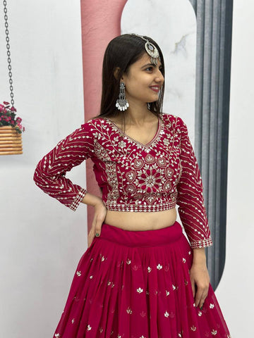 Heavy Sequence & Thread Work Rani Pink Georgette Ready to Wear Lehenga Choli Set