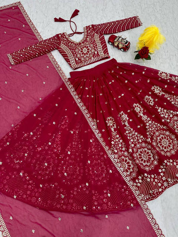 Heavy Sequence & Thread Work Rani Pink Georgette Ready to Wear Lehenga Choli Set