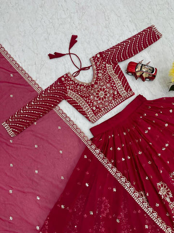 Heavy Sequence & Thread Work Rani Pink Georgette Ready to Wear Lehenga Choli Set