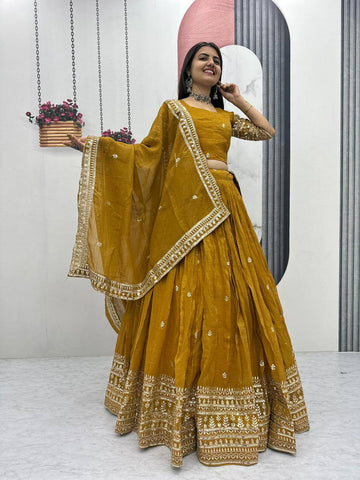 Pure Gold Crush Heavy Embroidered Work Lehenga Choli Set With Dupatta