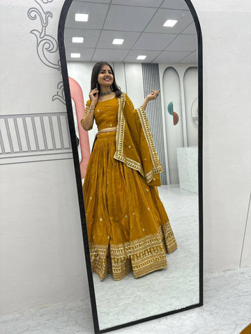 Pure Gold Crush Heavy Embroidered Work Lehenga Choli Set With Dupatta