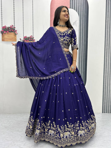 Pure Vichitra Silk Heavy Embroidered Lehenga Set with Dupatta