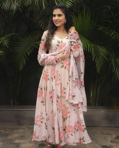 PURE SOFT FOX GEORGETTE FLORAL ANARKALI KURTA ,DUPPTA FULL SET WITH PENT READY TO WEAR