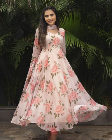 PURE SOFT FOX GEORGETTE FLORAL ANARKALI KURTA ,DUPPTA FULL SET WITH PENT READY TO WEAR