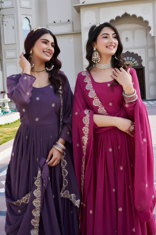 Elegant Fox Georgette Embroidered Gown with Matching Dupatta