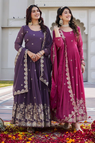 Elegant Fox Georgette Embroidered Gown with Matching Dupatta