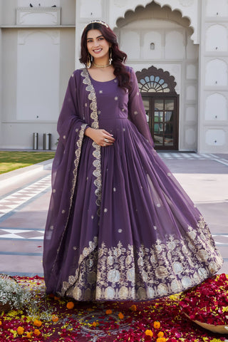 Elegant Fox Georgette Embroidered Gown with Matching Dupatta