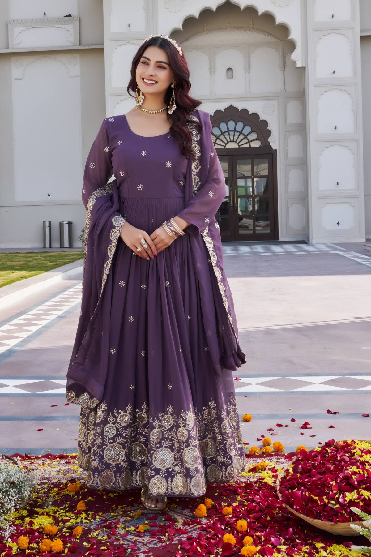 Elegant Fox Georgette Embroidered Gown with Matching Dupatta