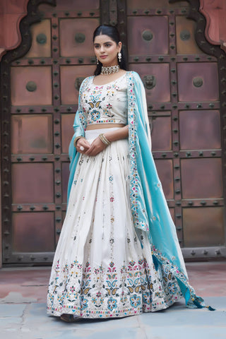 Stunning Pure Tissue Silk Embroidered Lehenga Choli Set With Pure Fendy Dupatta